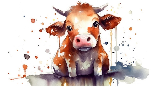 Watercolor cute cow white background with generative ai