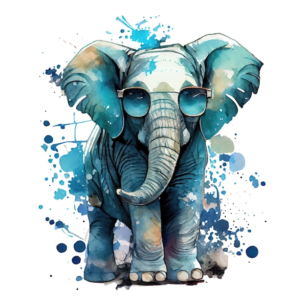 Watercolor cute elephant cool superstar cartoon animal character Isolated white background