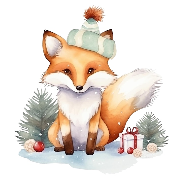 Watercolor cute fox in hat isolated on white Christmas card Generative ai