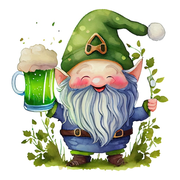 Watercolor cute gnome with mug of beer st patricks day cartoon character Isolated white background