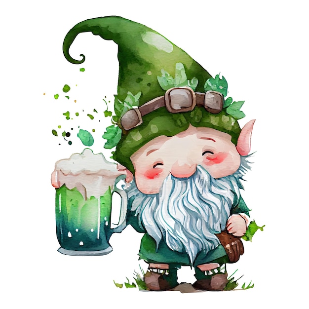 Watercolor cute gnome with mug of beer st patricks day cartoon character Isolated white background