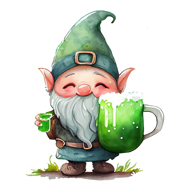 Watercolor cute gnome with mug of beer st patricks day cartoon character Isolated white background