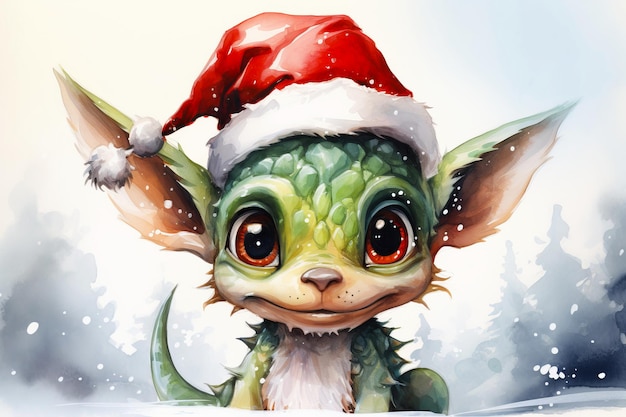 Watercolor Cute little dragon in santa hat on white background The symbol of the new year 2024 Generative AI illustration