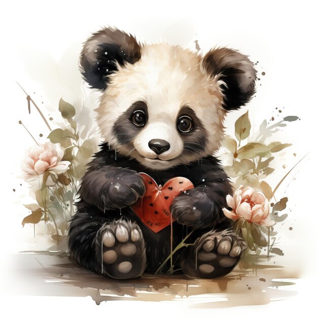 Watercolor cute panda Romantic character on a white background