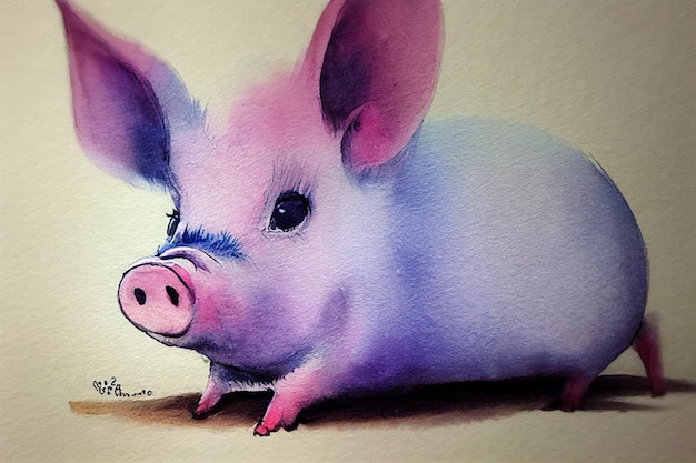 Watercolor of a cute pig animal hand draw watercolor