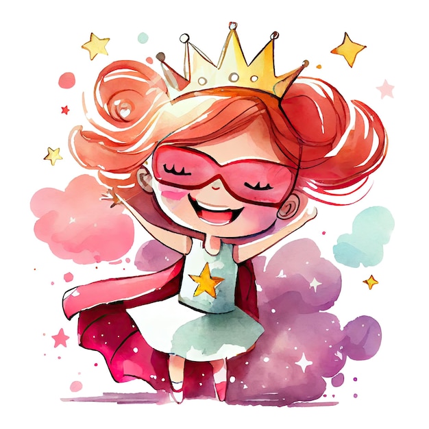 Watercolor cute princess cartoon girl in dress illustration