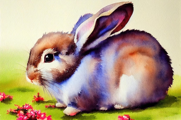 Watercolor of a cute rabbit animal hand draw watercolor