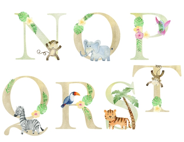 Watercolor cute safari animals letters for greeting card nursery poster and other