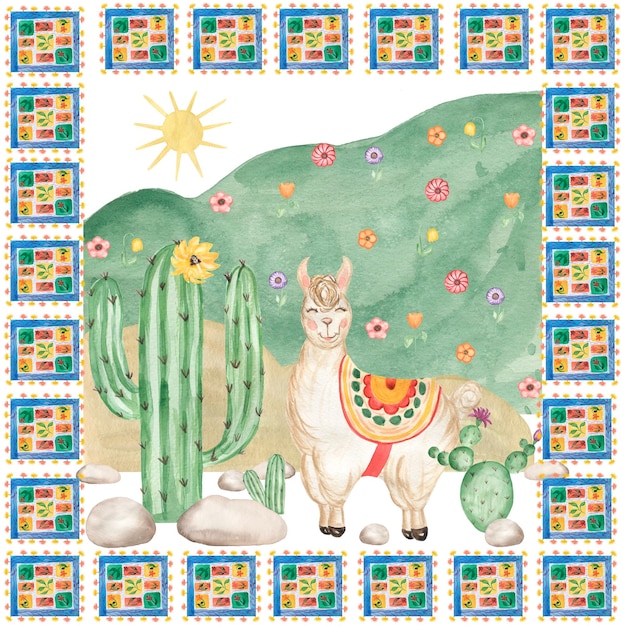 Watercolor Cute Summer Poster Alpaca and cactus clipart mountains composition Animal illustration cute holiday card