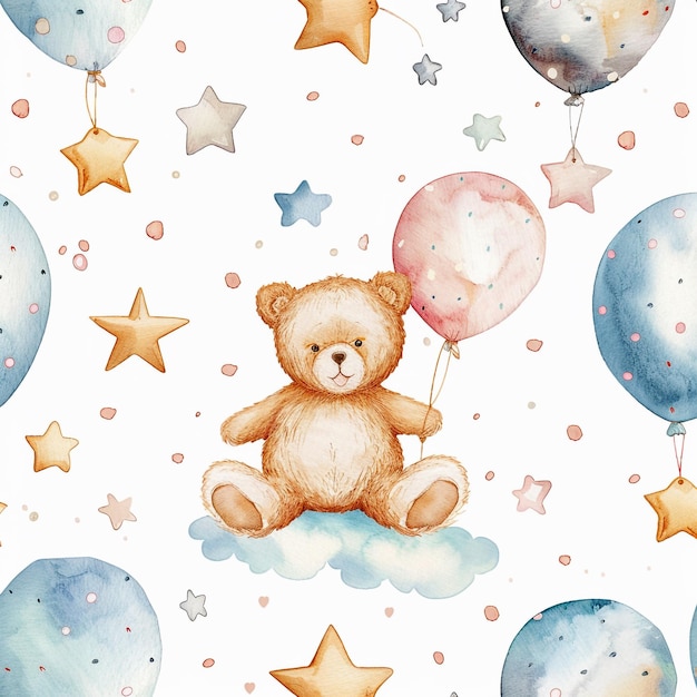 Watercolor cute teddy bear pattern with white background