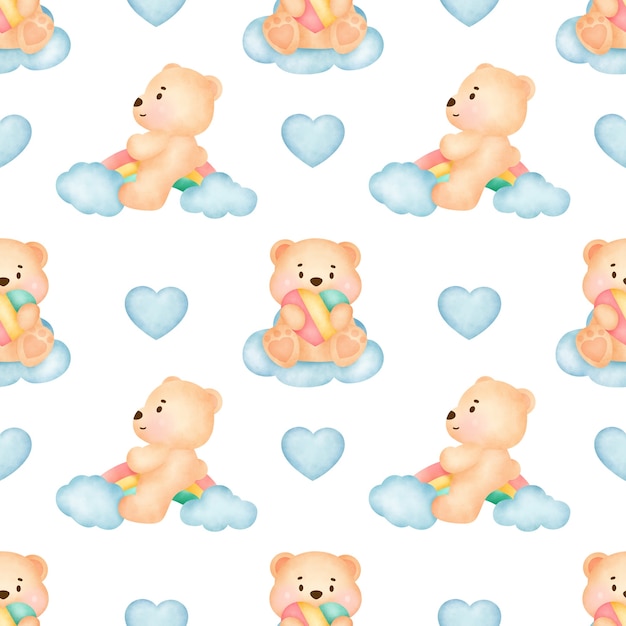 Watercolor cute teddy bear seamless patterns