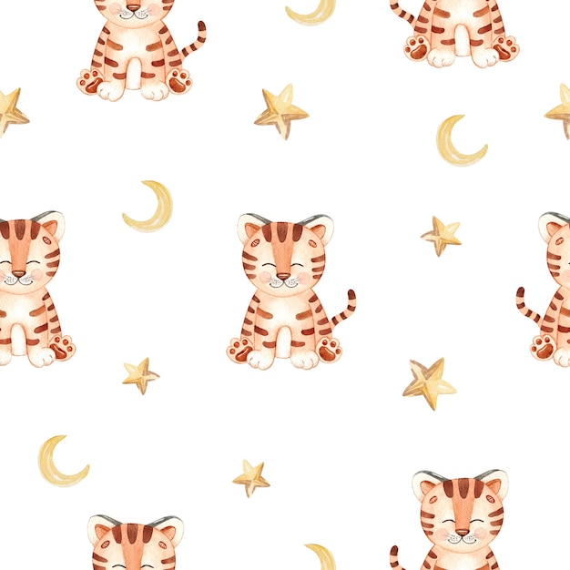 Watercolor cute tiger and stars seamless pattern