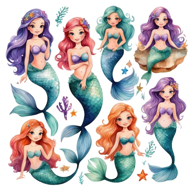 Watercolor Cute Unicorn Mermaid and Sea Creature Clipart