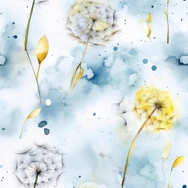 Watercolor dandelions on a blue background