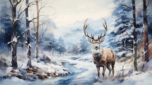 Watercolor deer with winter pine tree forest illustration background