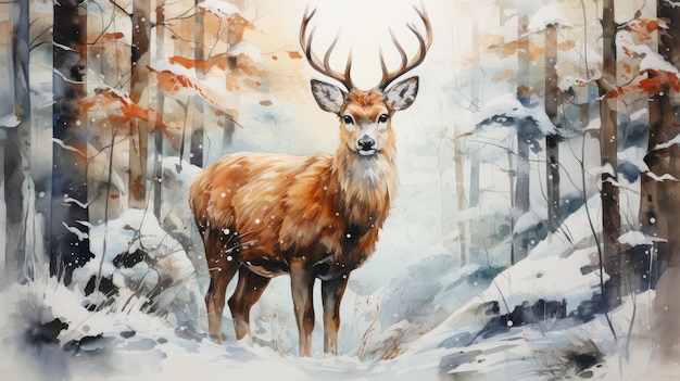 Watercolor deer with winter pine tree forest illustration background