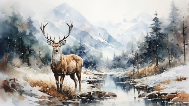 Watercolor deer with winter pine tree forest illustration background