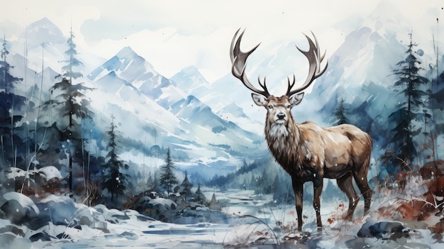 Watercolor deer with winter pine tree forest illustration background