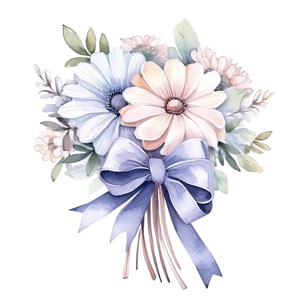 Watercolor delicate bouquet of flowers with a ribbon tied around isolated