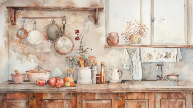 Watercolor depiction of a cozy kitchen with rustic wooden cabinets fresh produce and warm