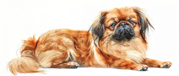 A watercolor depiction of a fluffy Pekingese dog on a white background