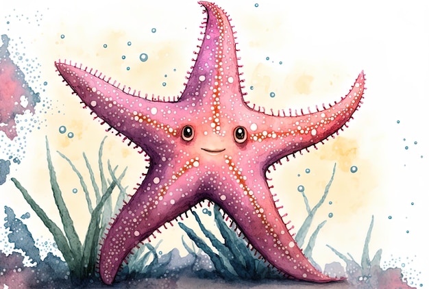 A watercolor depiction of pink starfish a marine invertebrate that lives on the sea floor