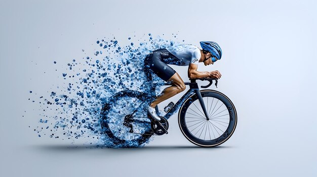 Photo watercolor depiction of a triathlete cycling in motion on a white background