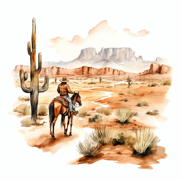 watercolor Desert mirage western wild west cowboy desert illustration clipart