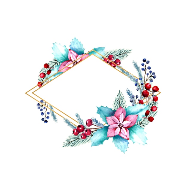 Watercolor diamond-shaped frame with berries, Holly, fir branches.