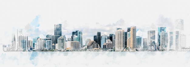 Watercolor digital illustration of miami downtown skyline isolated on white background