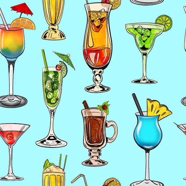 Watercolor digital illustration seamless pattern of cocktails of different shapes