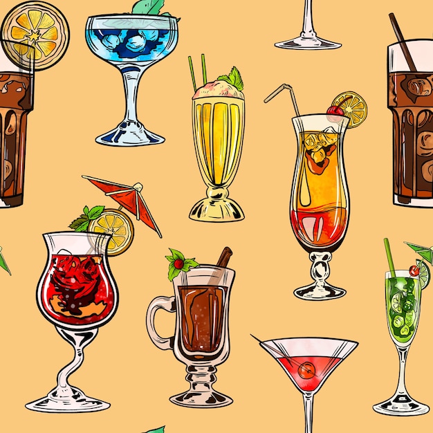 Watercolor digital illustration seamless pattern of cocktails of different shapes