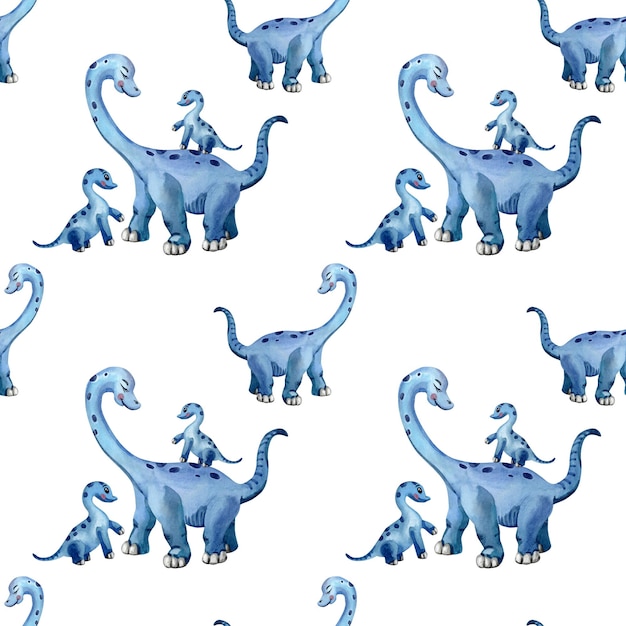 Watercolor dinosaur mom and baby Cute blue diplodocus izolated on a white background