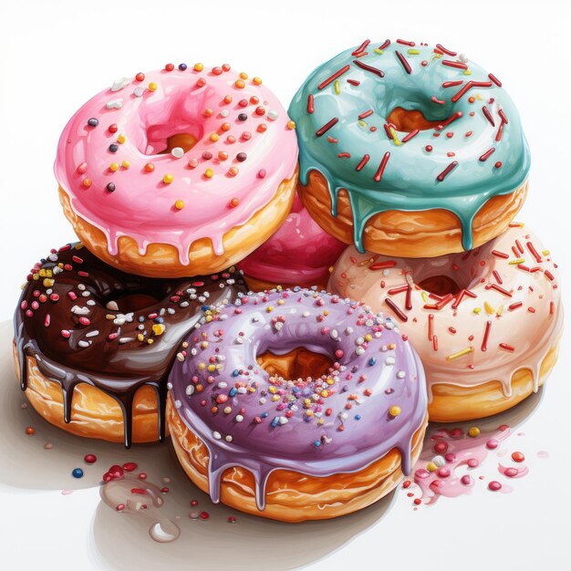 Watercolor of a donuts with sprinkles glazes and toppings Clipart Generative Ai