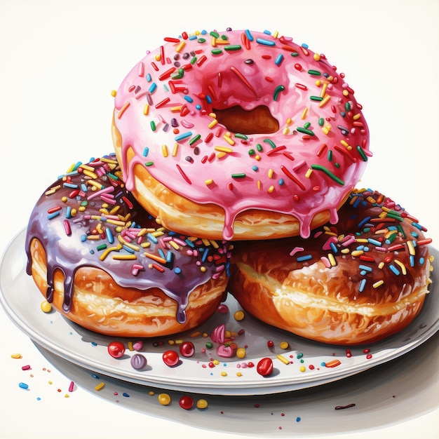 Watercolor of a donuts with sprinkles glazes and toppings Clipart Generative Ai