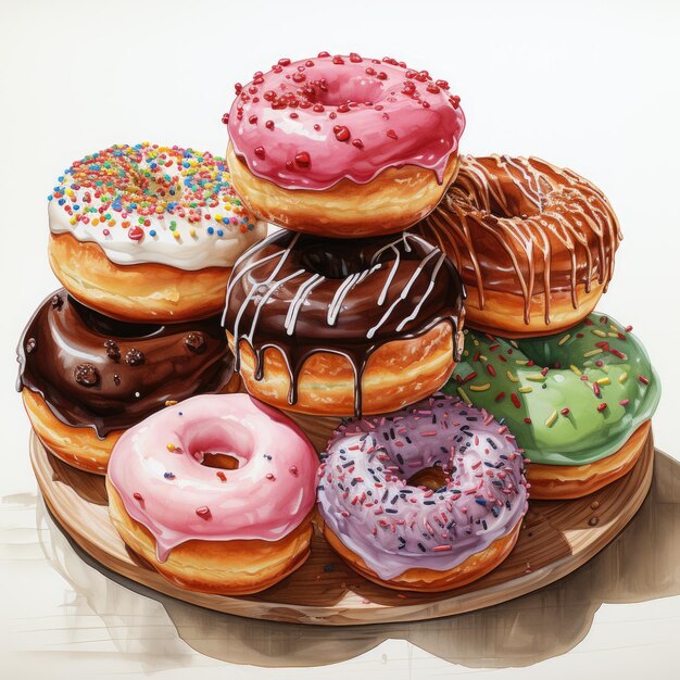 Watercolor of a donuts with sprinkles glazes and toppings Clipart Generative Ai