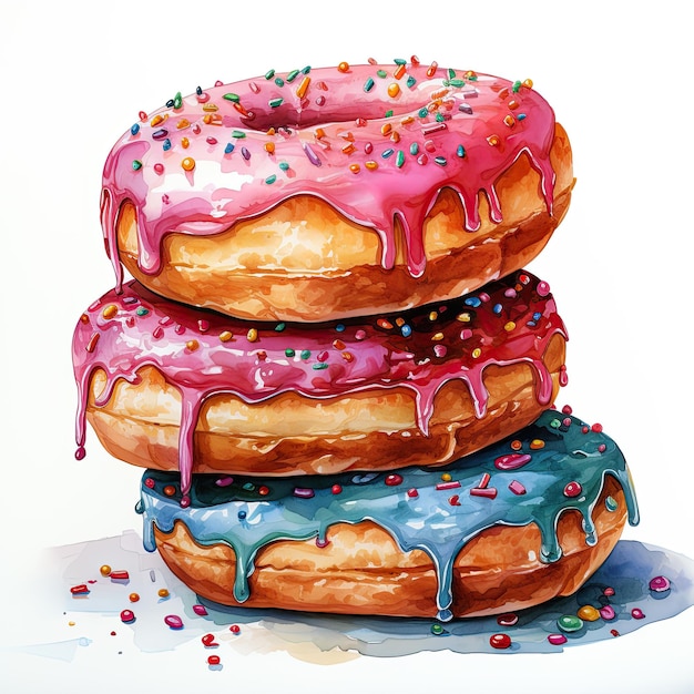 Watercolor of a donuts with sprinkles glazes and toppings Clipart Generative Ai