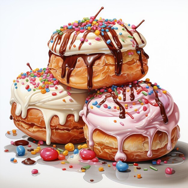 Watercolor of a donuts with sprinkles glazes and toppings Clipart Generative Ai