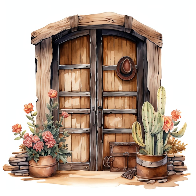 watercolor door western wild west cowboy desert illustration clipart