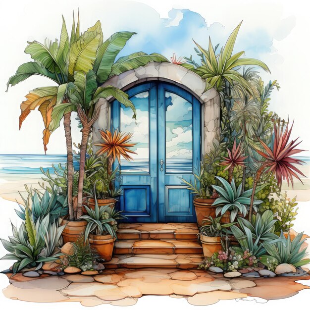 Watercolor Doors on Seaside Illustration Generative Ai