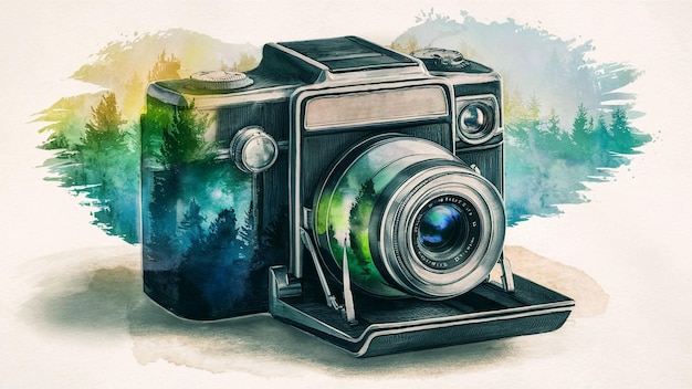 Watercolor Double Exposure Retro Camera With Forest Silhouette for National Photography Day Concept