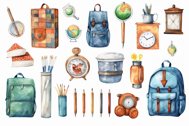 watercolor drawed back to school items on white background