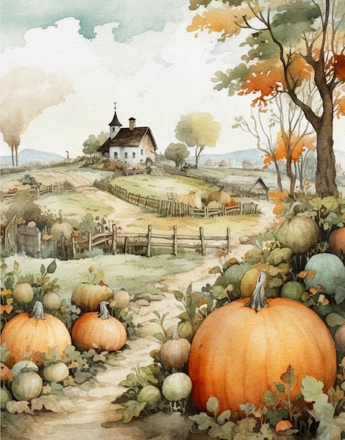 Watercolor drawing of autumn pumpkin field and wooden house on the hill