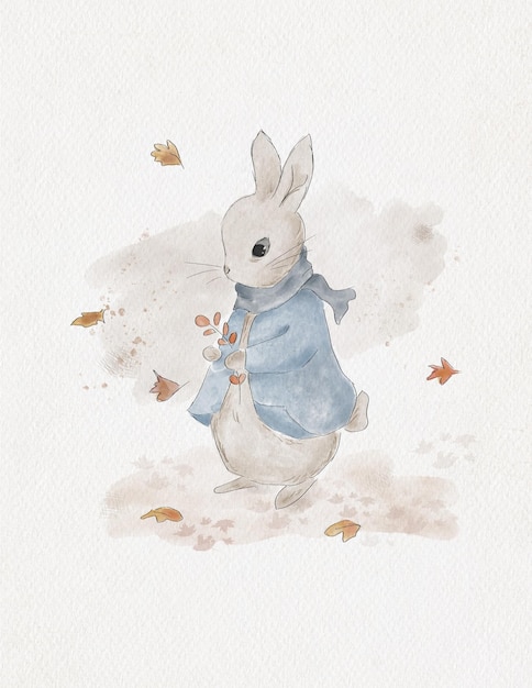 watercolor drawing on an autumn theme, peter rabbit, watercolor postcard