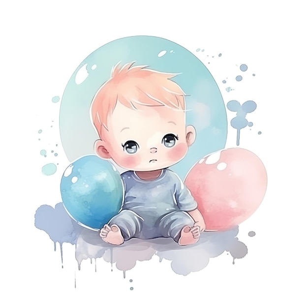 A watercolor drawing of a baby boy with a blue balloon.