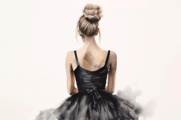 Watercolor drawing a ballerina in a black dress stands with her back generated by AI