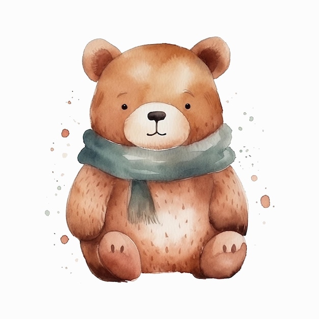 A watercolor drawing of a bear with a scarf.