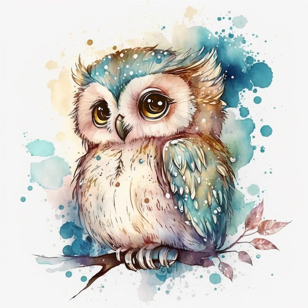 A watercolor drawing of a blue and white owl.