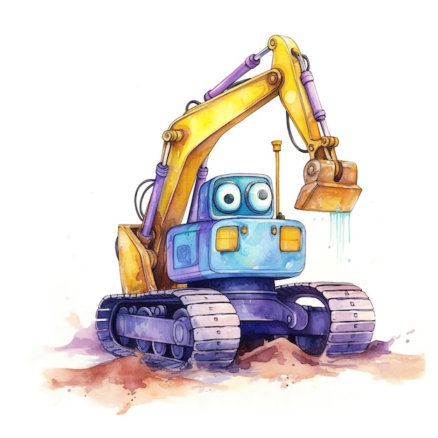 A watercolor drawing of a blue and yellow excavator.