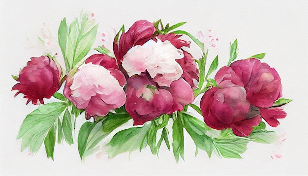 Watercolor drawing bouquet of pink and burgundy flowers